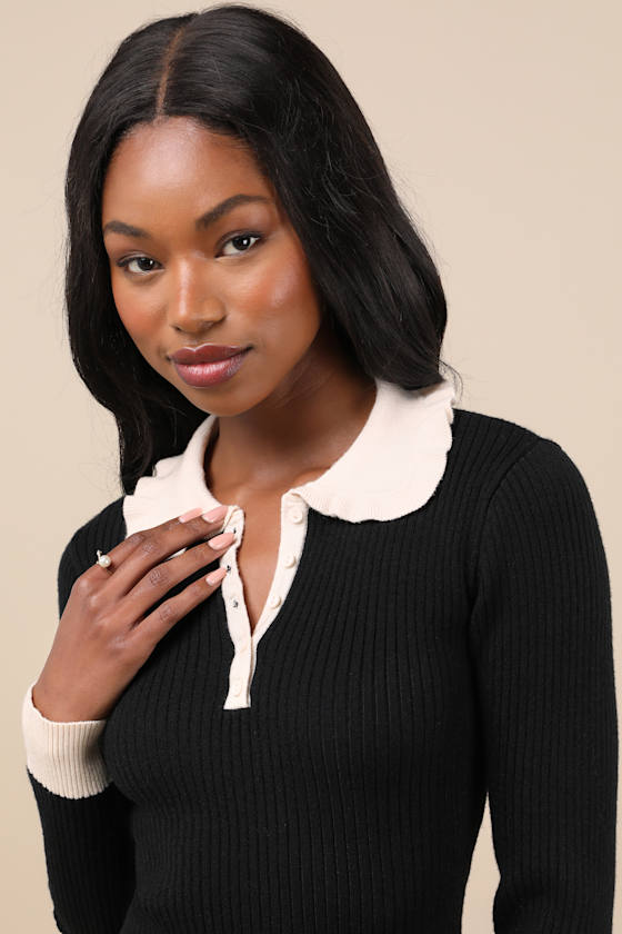Lulus Adorable Silhouette Black And Beige Collared Mini Sweater Dress In Black And Beige