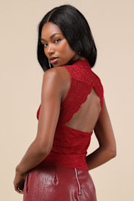 Flirtatious Statement Wine Red Lace Back Cutout Tank Top