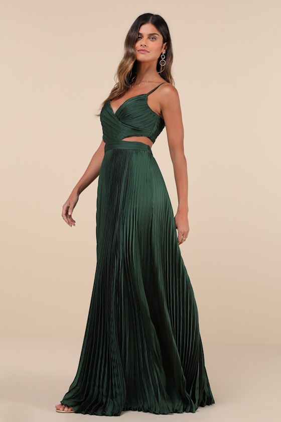 Lulus Got The Glam Emerald Green Pleated Cutout Maxi Dress In Emerald Green