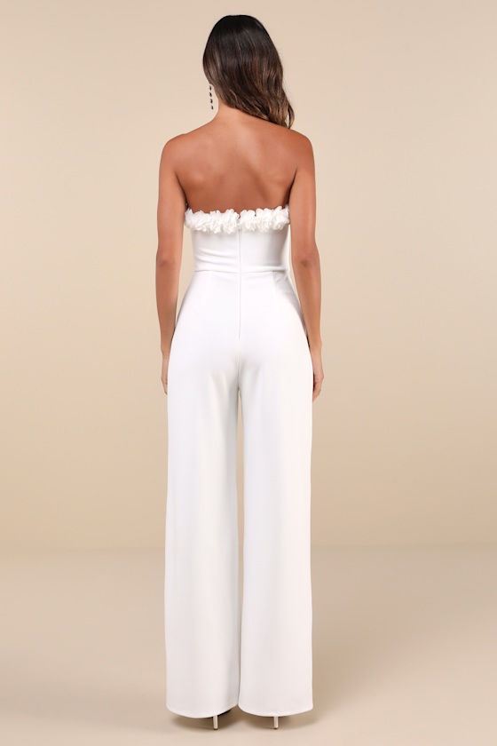 Lulus Rare Allure White 3d Floral Applique Strapless Wide-leg Jumpsuit In White