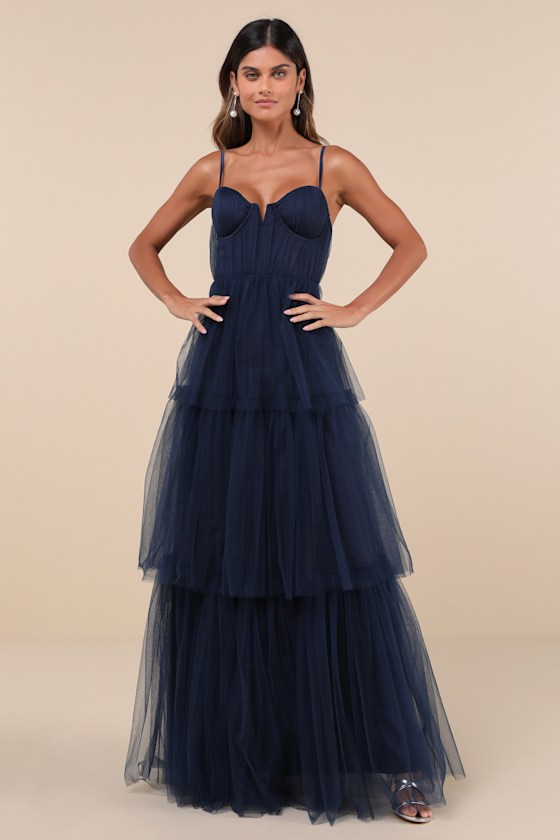 Navy Blue Tie-Up Fur Cuff Modest Maxi Dress