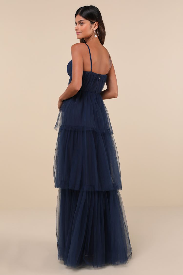 Unforgettable Poise Navy Blue Tulle Bustier Tiered Maxi Dress