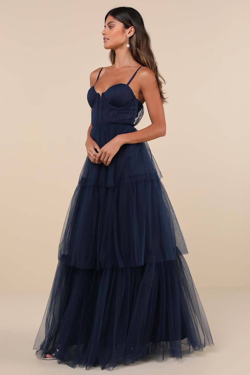 Unforgettable Poise Navy Blue Tulle Bustier Tiered Maxi Dress