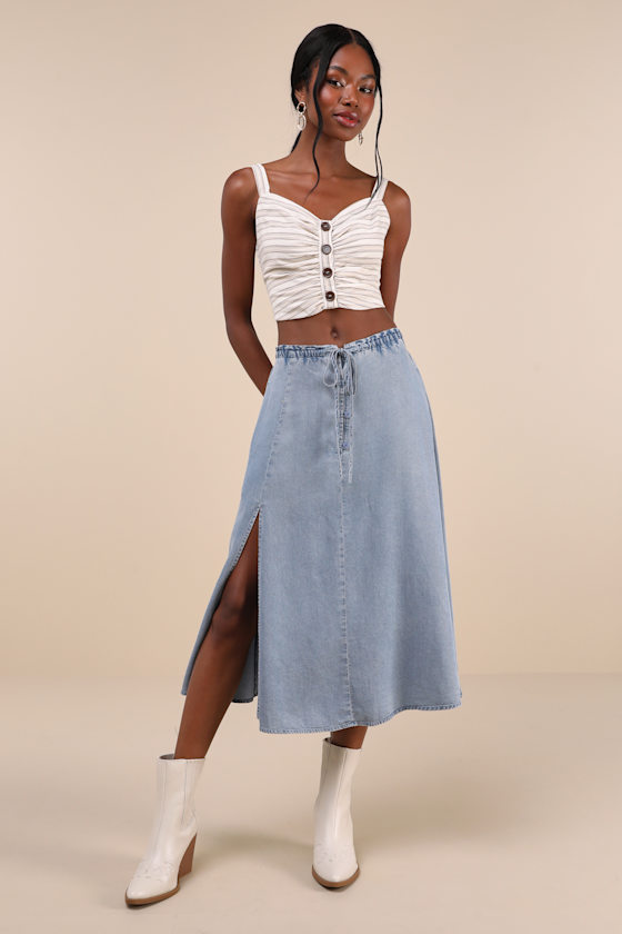 Adorably Achieved Light Wash Drawstring Chambray Midi Skirt 2