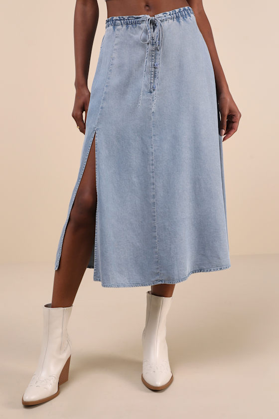 Adorably Achieved Light Wash Drawstring Chambray Midi Skirt 3