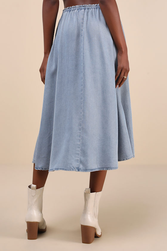Adorably Achieved Light Wash Drawstring Chambray Midi Skirt