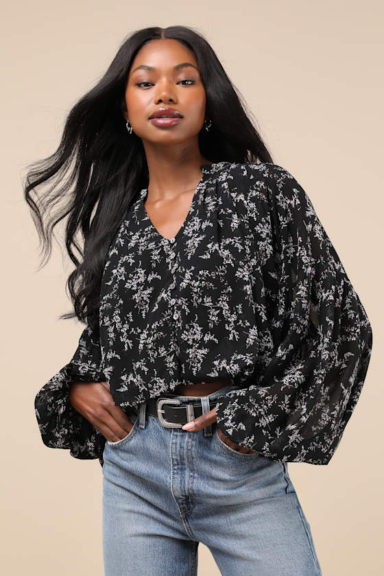 Season of Blooms Black Floral Print Balloon Sleeve Top 1