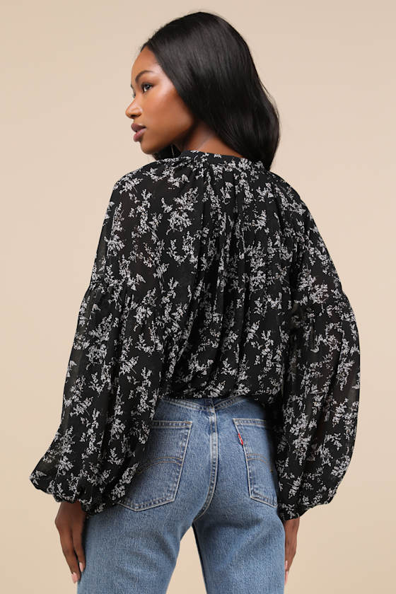 Season of Blooms Black Floral Print Balloon Sleeve Top 4