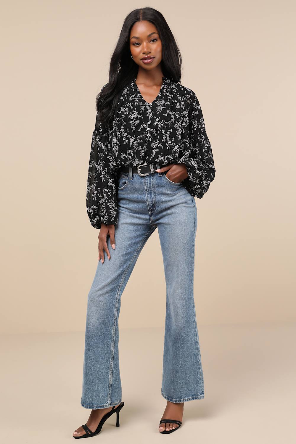 Season of Blooms Black Floral Print Balloon Sleeve Top