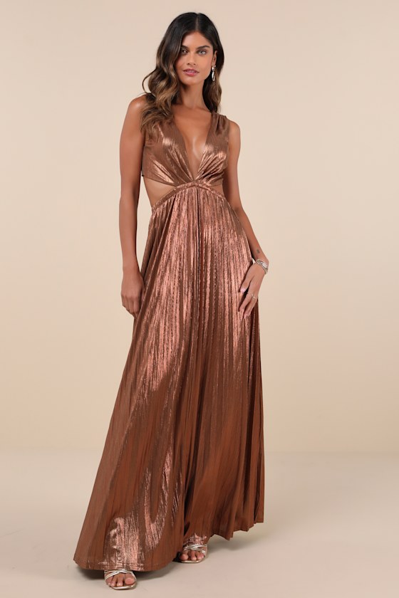 Shining Luxury Bronze Metallic Lurex Cutout Maxi Dress 1