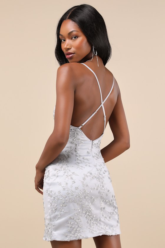 Lulus Blissful Blossoms Silver Sequin Backless Mini Dress In Silver
