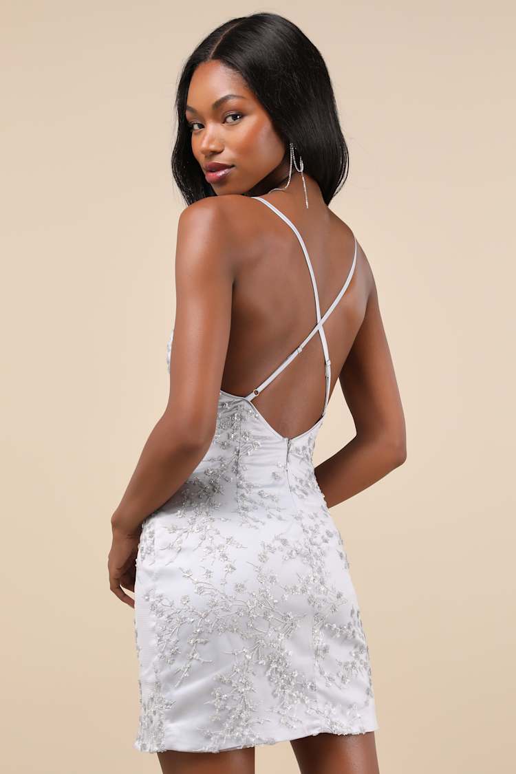Blissful Blossoms Silver Sequin Backless Mini Dress