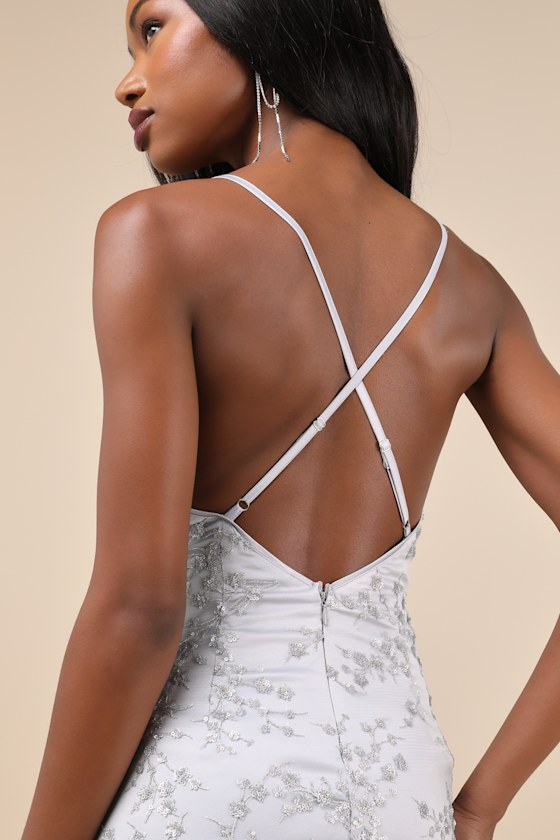 Lulus Blissful Blossoms Silver Sequin Backless Mini Dress In Silver