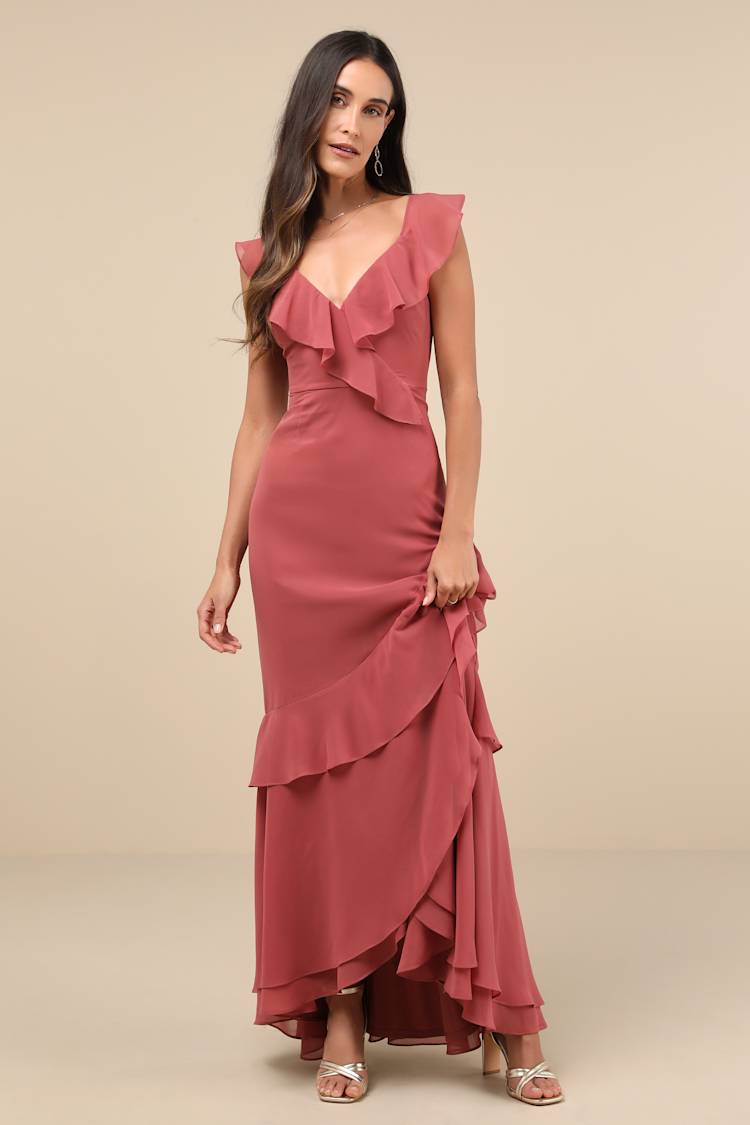Rusty Rose Maxi Dress - Asymmetrical Dress - Ruffled Maxi Dress - Lulus