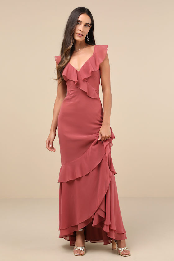 Charming Event Rusty Rose Asymmetrical Ruffled Maxi Dress 1