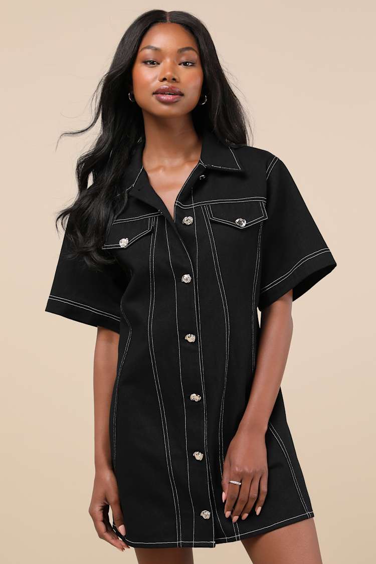 black short sleeve button up dress Short Sleeve Button Down Mini Dress w/ Pockets Small / Black
