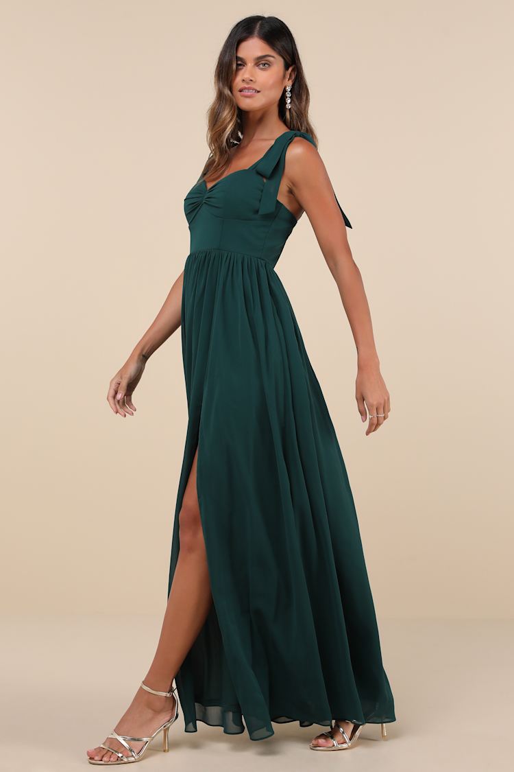 Radiant Charisma Emerald Chiffon Ruched Tie-Strap Maxi Dress