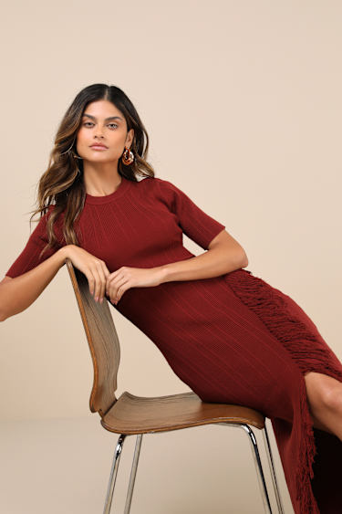 Brick Red Dress - Fringe Dress - Short Sleeve Midi Sweater Dress - Lulus