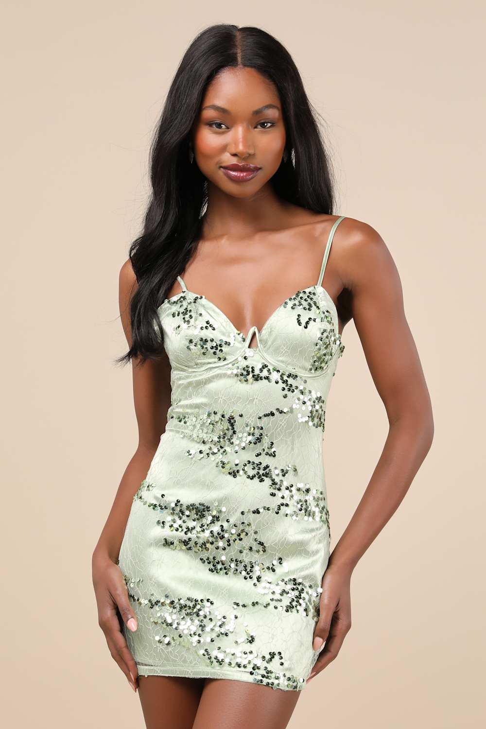 Riveting Shine Light Sage Green Lace Sequin Lace-Up Mini Dress
