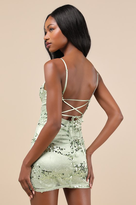 Lulus Riveting Shine Light Sage Green Lace Sequin Lace-up Mini Dress In Light Sage