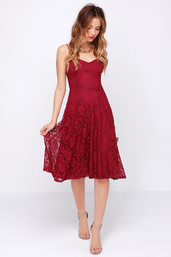 burgundy lace dress midi