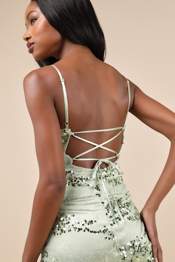 Lulus Riveting Shine Light Sage Green Lace Sequin Lace-up Mini Dress In Light Sage