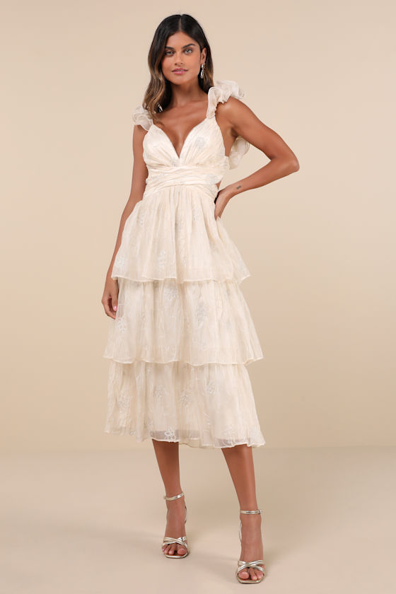 Lulus Whimsical Aura Champagne Embroidered Ruffled Lace-up Maxi Dress In Champagne