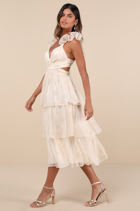 Lulus Whimsical Aura Champagne Embroidered Ruffled Lace-up Maxi Dress In Champagne