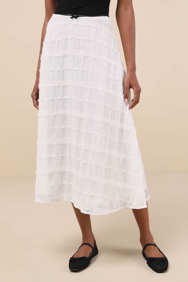 Expert Sweetness White Textured A-Line Midi Skirt