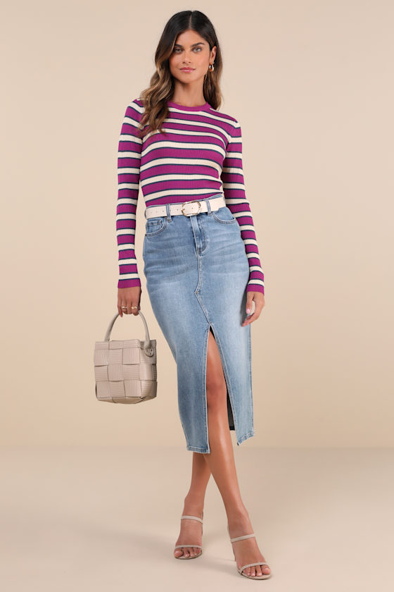 Lulus All The Hits Purple And Cream Striped Sweater In Purple