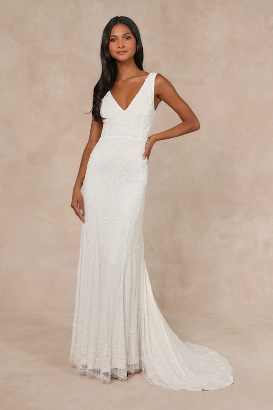 Passionate Romance White Beaded Sequin Mermaid Maxi Dress 6