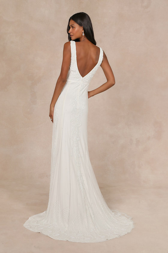 Passionate Romance White Beaded Sequin Mermaid Maxi Dress 7