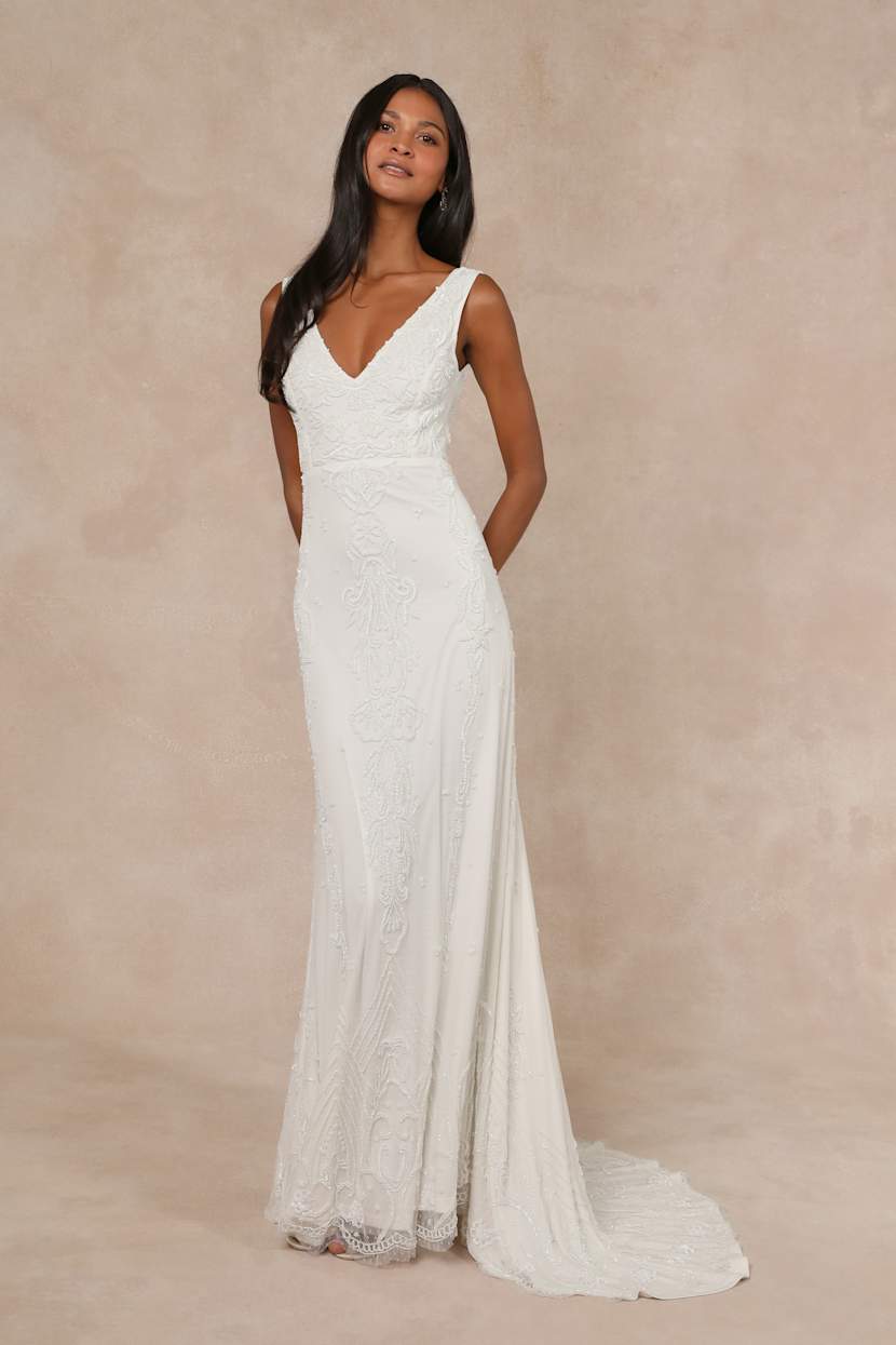 White Beaded Maxi Dress - White Mermaid Maxi Dress - Sequin Gown - Lulus