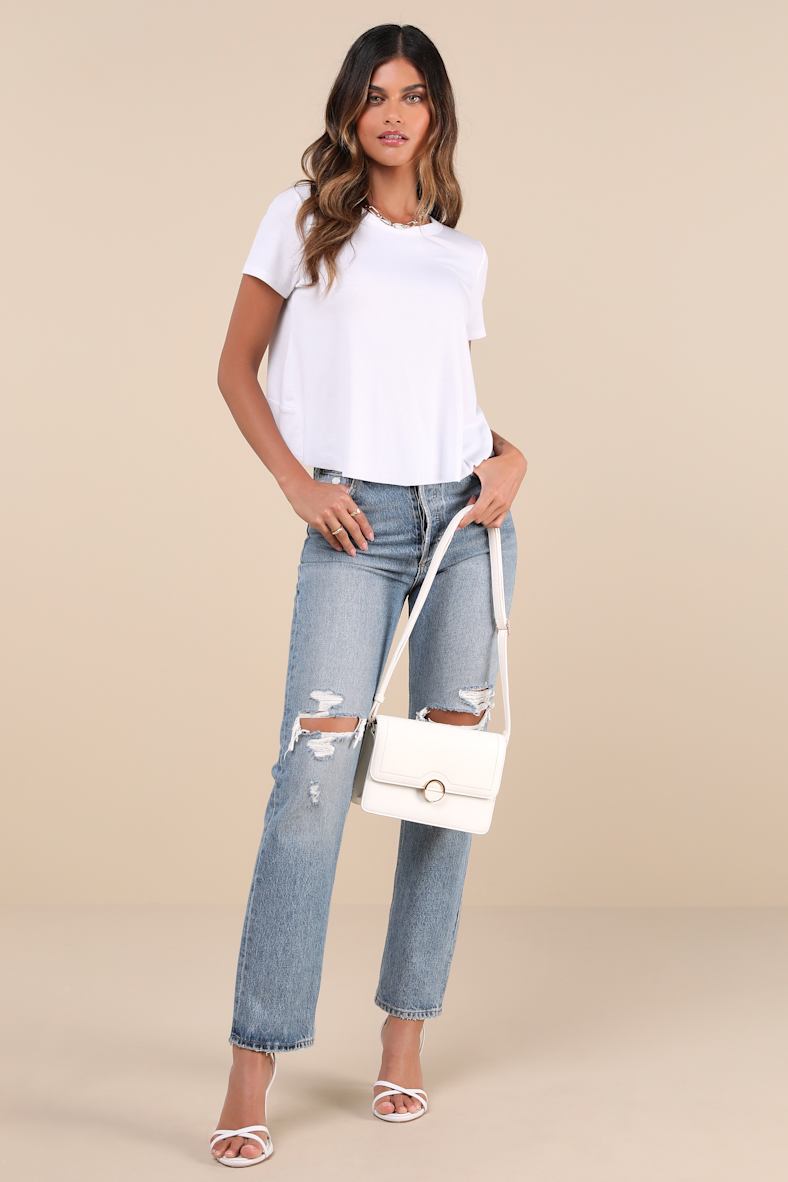 Boosted Basic White Ribbed Cutout Short Sleeve Top