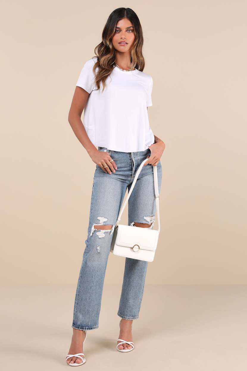 Boosted Basic White Ribbed Cutout Short Sleeve Top