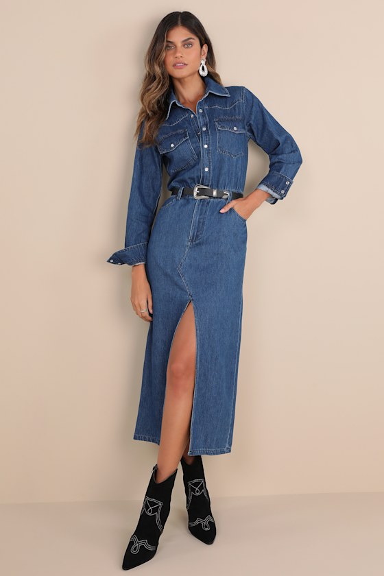 Dakoda Dark Wash Denim Long Sleeve Midi Dress With Pockets 1