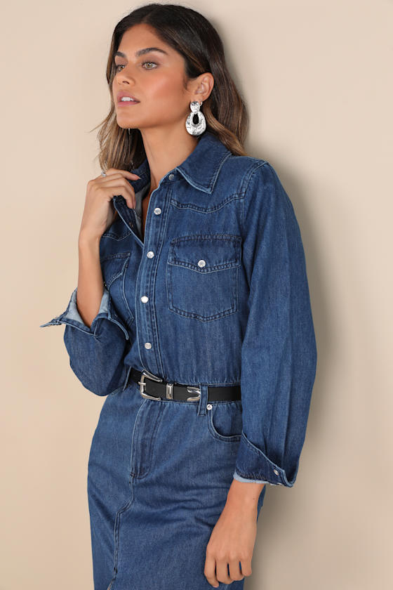 Dakoda Dark Wash Denim Long Sleeve Midi Dress With Pockets 2