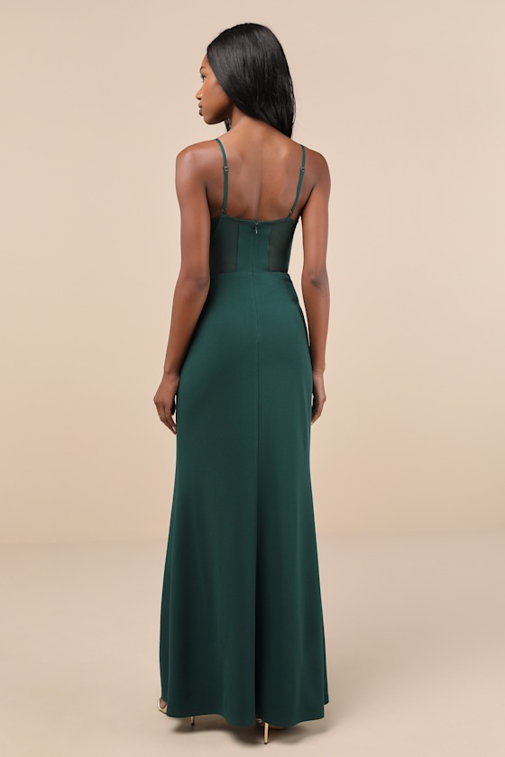 Lulus Sultry Mentality Hunter Green Mesh Bustier Sleeveless Maxi Dress In Green