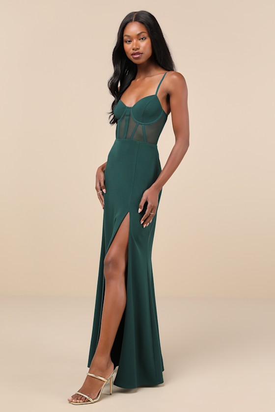 Lulus Sultry Mentality Hunter Green Mesh Bustier Sleeveless Maxi Dress In Green