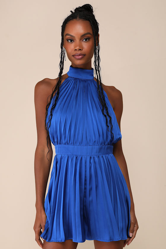 Lulus Seriously Stunning Royal Blue Satin Pleated Backless Romper In Royal Blue