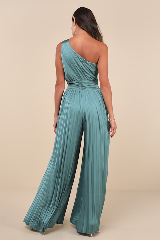 Exquisite Always Dark Sage Pleated Satin One-Shoulder Jumpsuit 3