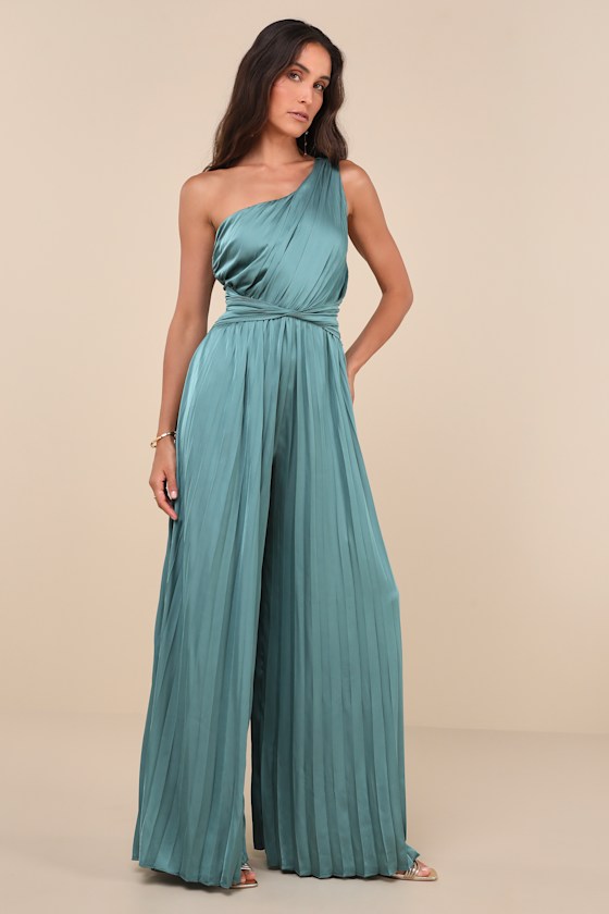 Dark Sage Jumpsuit - Pleated Jumpsuit - One-Shoulder Jumpsuit - Lulus