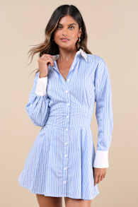 Suave Confidence Blue and White Striped Collared Mini Dress 2