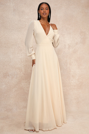 knee length dresses for ladies Lulus Long Sleeve Midi Dress - Beige