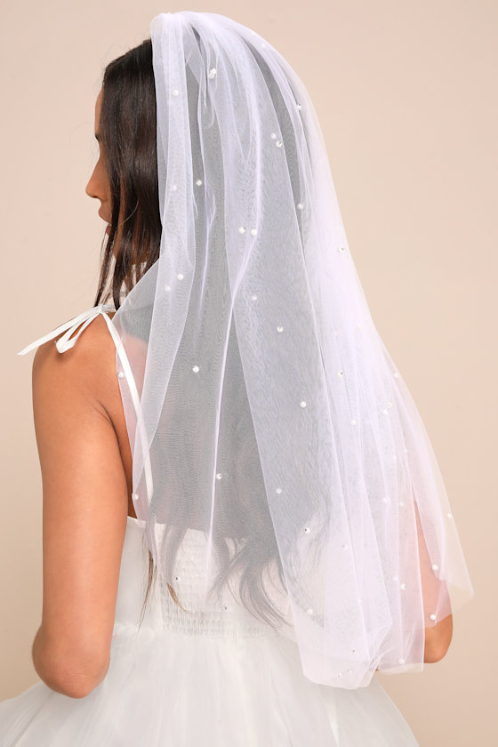 Say Your Vow White Pearl Short Tulle Veil 6