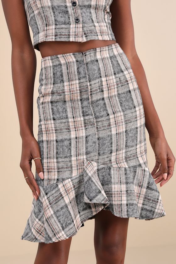 Convincingly Posh Grey Plaid Ruffle Hem Midi Skirt 2