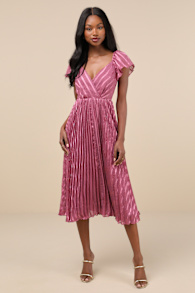 Standout Sophistication Mauve Lurex Flutter Sleeve Midi Dress 4