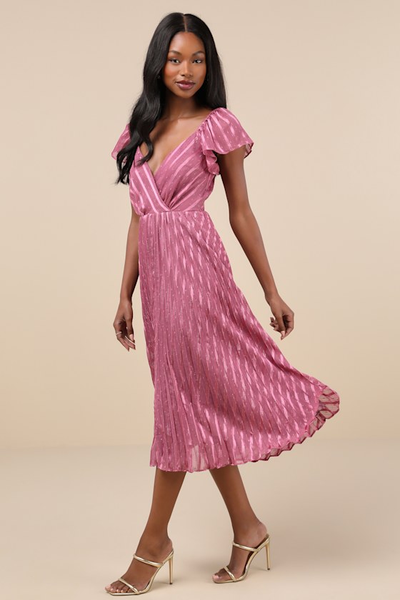 LULUS STANDOUT SOPHISTICATION MAUVE LUREX FLUTTER SLEEVE MIDI DRESS