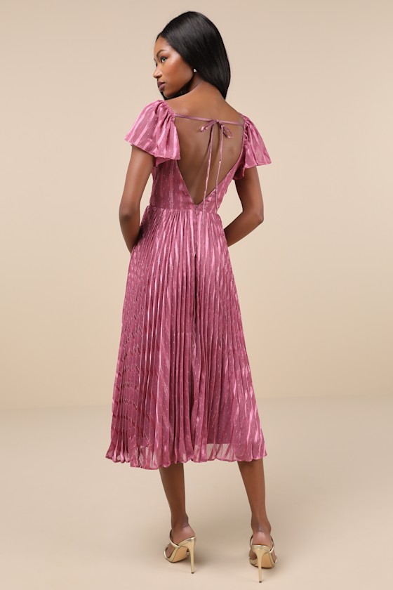 LULUS STANDOUT SOPHISTICATION MAUVE LUREX FLUTTER SLEEVE MIDI DRESS