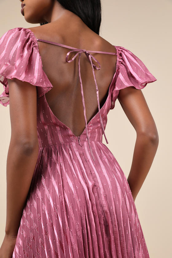 LULUS STANDOUT SOPHISTICATION MAUVE LUREX FLUTTER SLEEVE MIDI DRESS